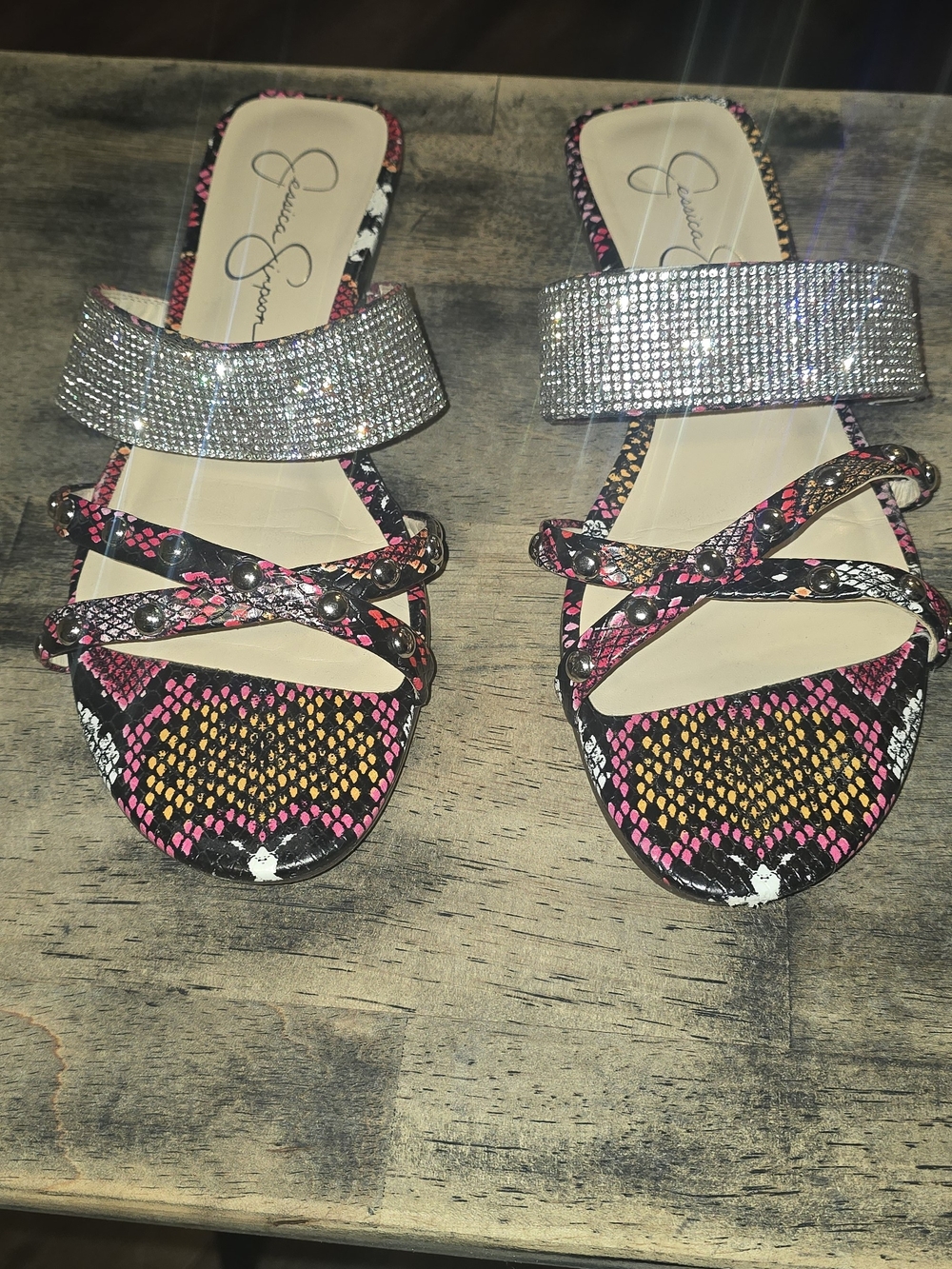 Jessica Simpson Silver Crystal Slide Sandals with Pink and Yellow Snake Print